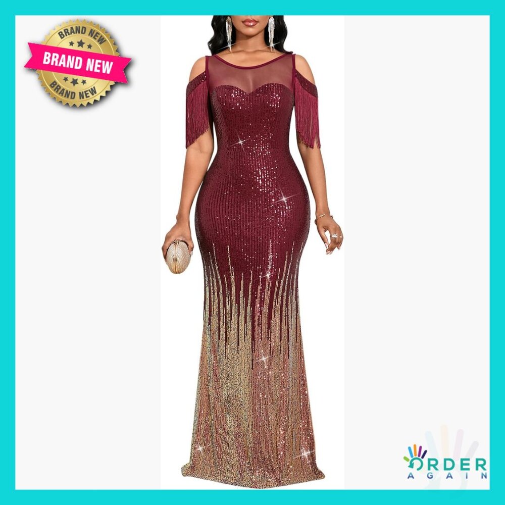 Sequin Mermaid Formal Gown Cold Shoulder Tassel Sleeve Elegant Evening Dress